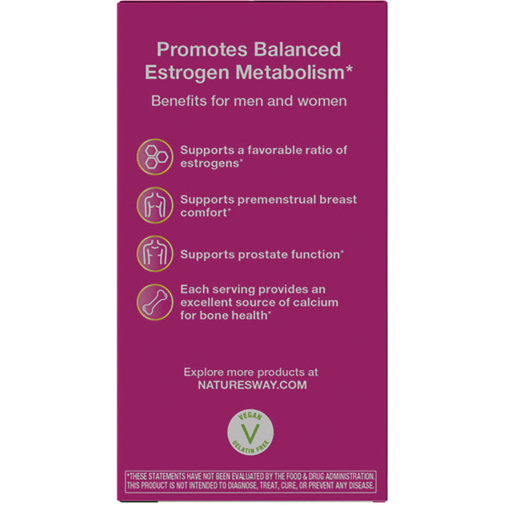 ET303 | Back of purple supplement box listing benefits: balanced estrogen metabolism, premenstrual breast comfort, prostate support, calcium for bone health - Thumbnail