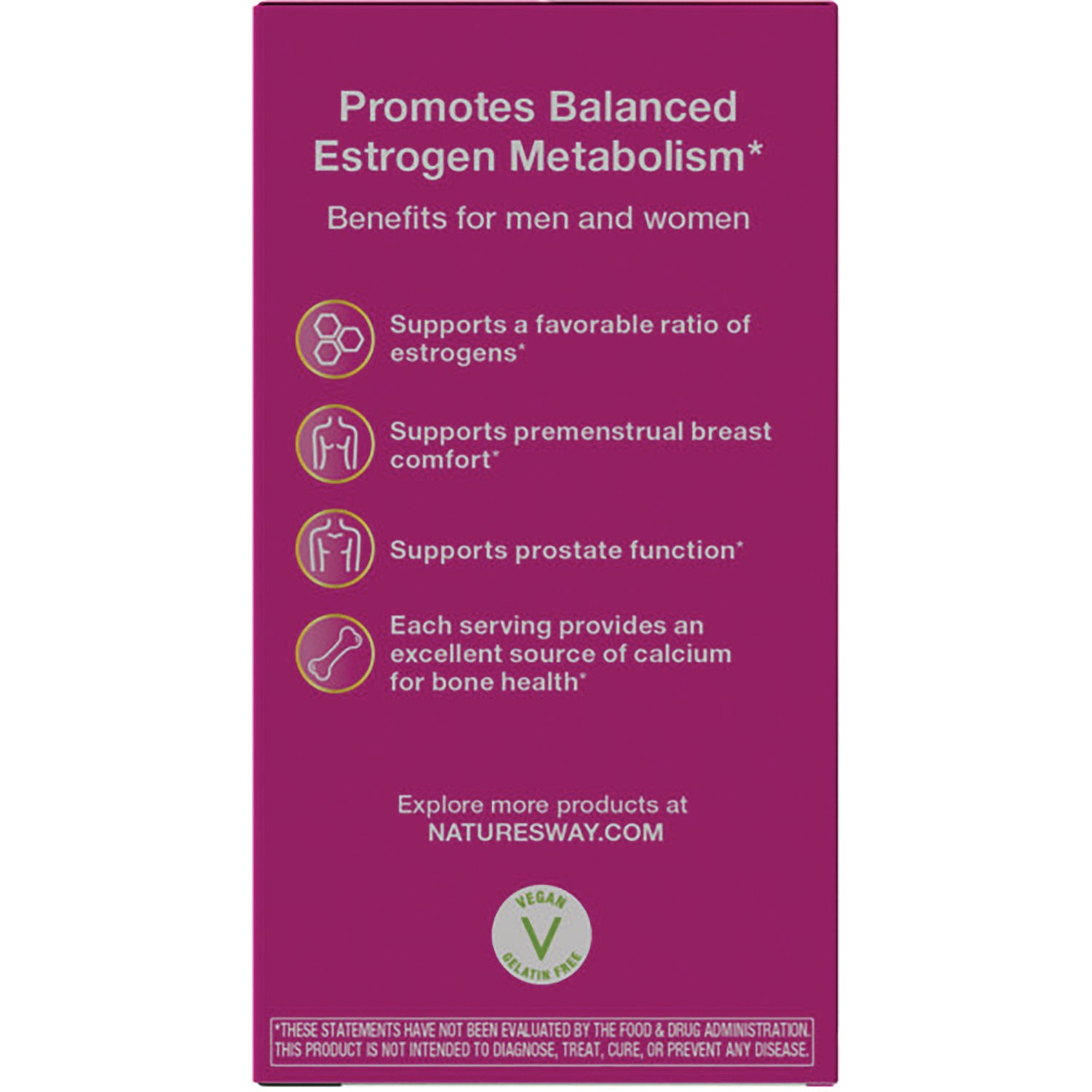 ET303 | Back of purple supplement box listing benefits: balanced estrogen metabolism, premenstrual breast comfort, prostate support, calcium for bone health