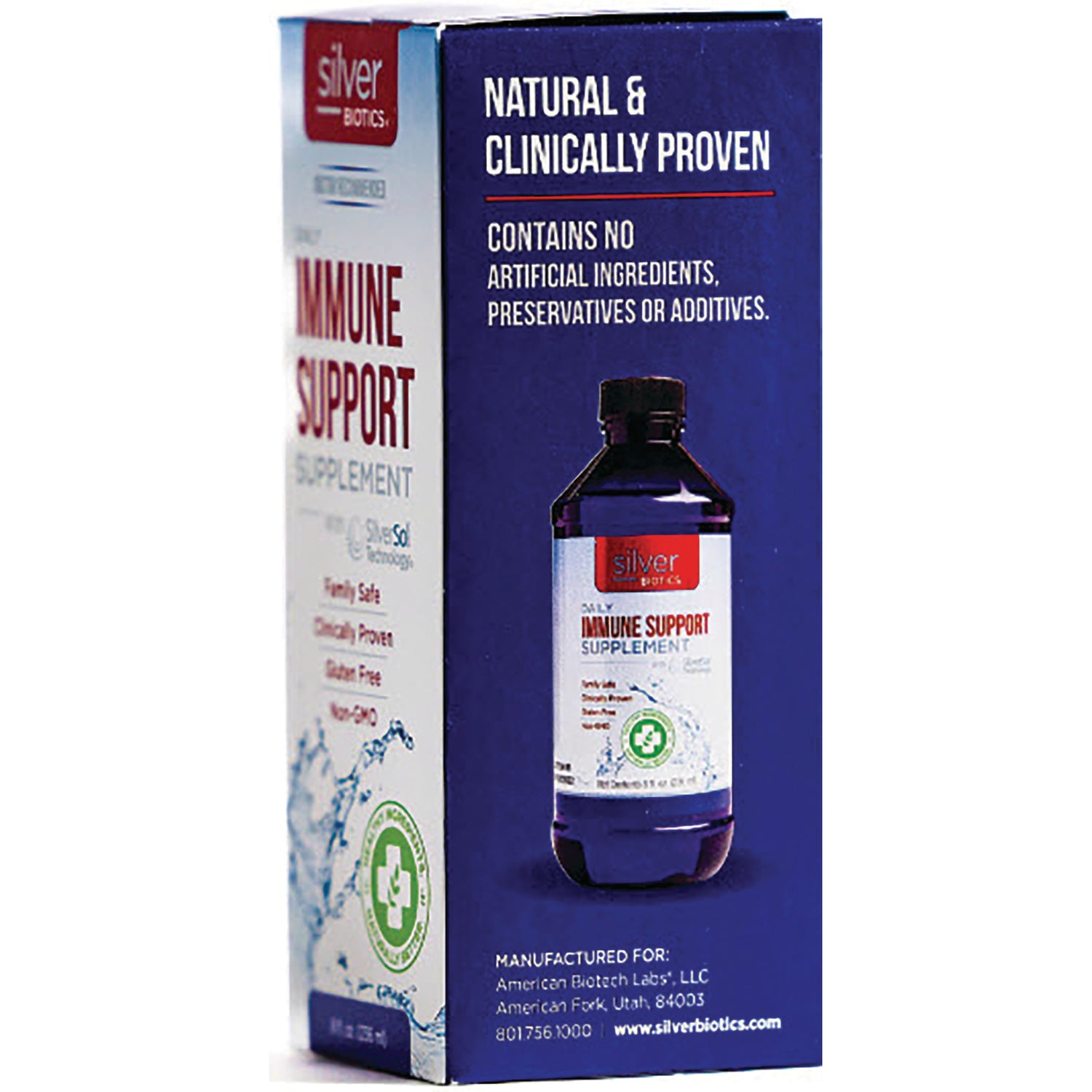 ABL001 | Back of immune support supplement box showing bottle image and text 'Natural & Clinically Proven'