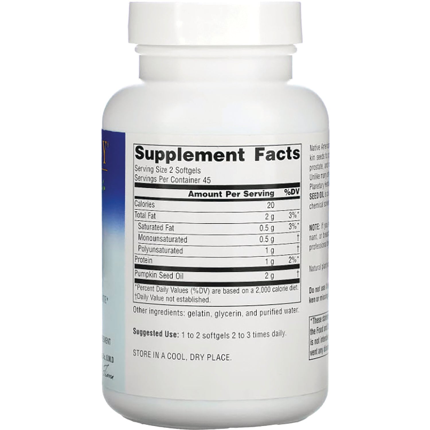 PF061 | Back label showing Supplement Facts panel, nutrition table and suggested use on white supplement bottle