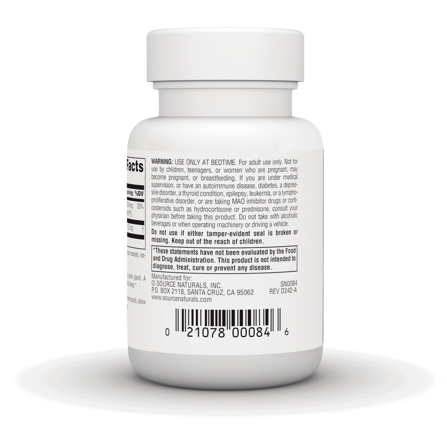 SN121 | Supplement bottle back label with warnings, directions, manufacturer info, and barcode