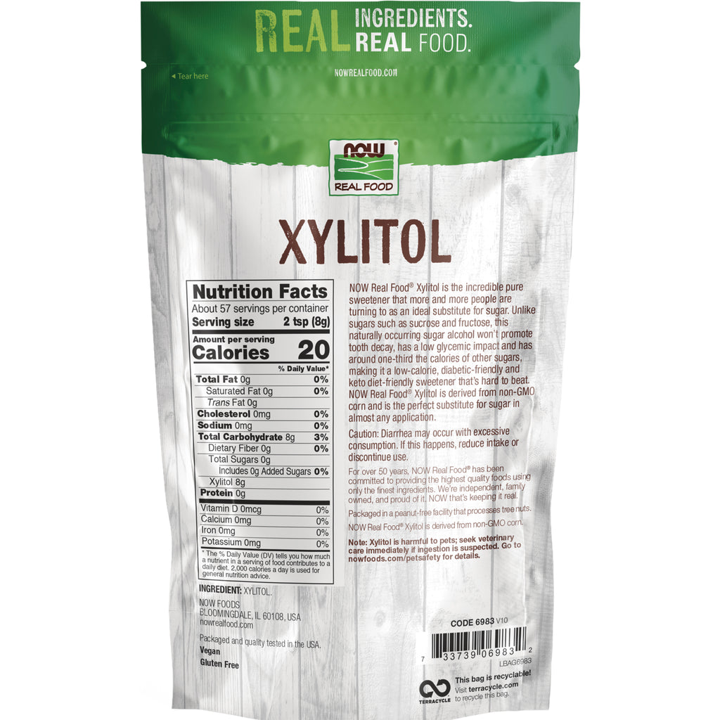 NWF161 | Back of NOW Real Food Xylitol pouch showing Nutrition Facts panel, ingredient and warning text, barcode - Thumbnail