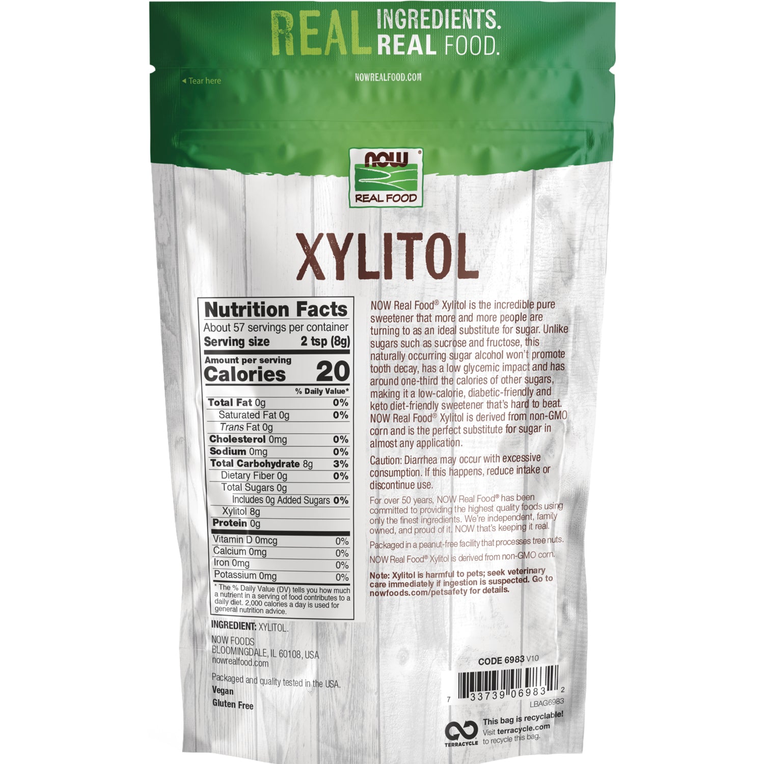 NWF161 | Back of NOW Real Food Xylitol pouch showing Nutrition Facts panel, ingredient and warning text, barcode