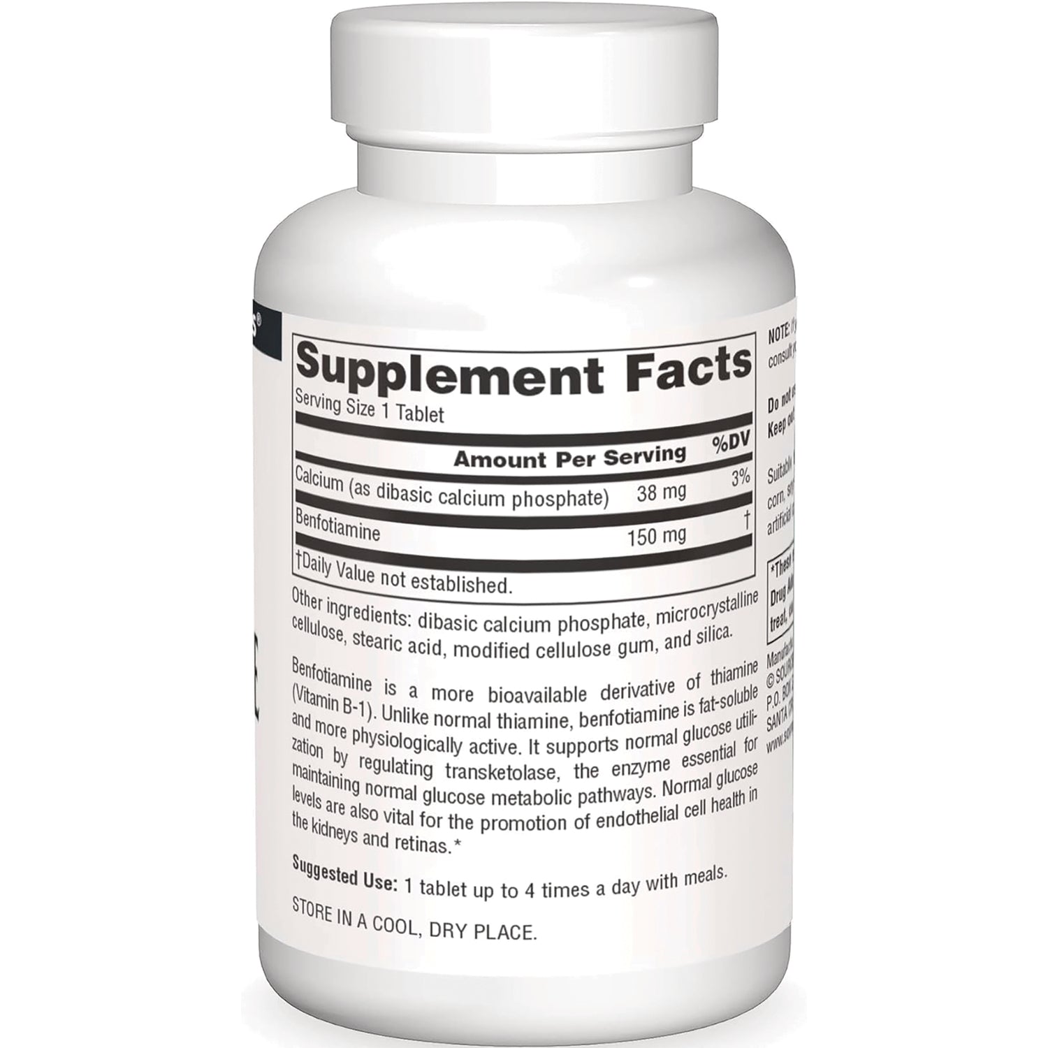 SN680 | Supplement bottle back label with Supplement Facts, serving size 1 tablet, calcium 38 mg, benfotiamine 150 mg