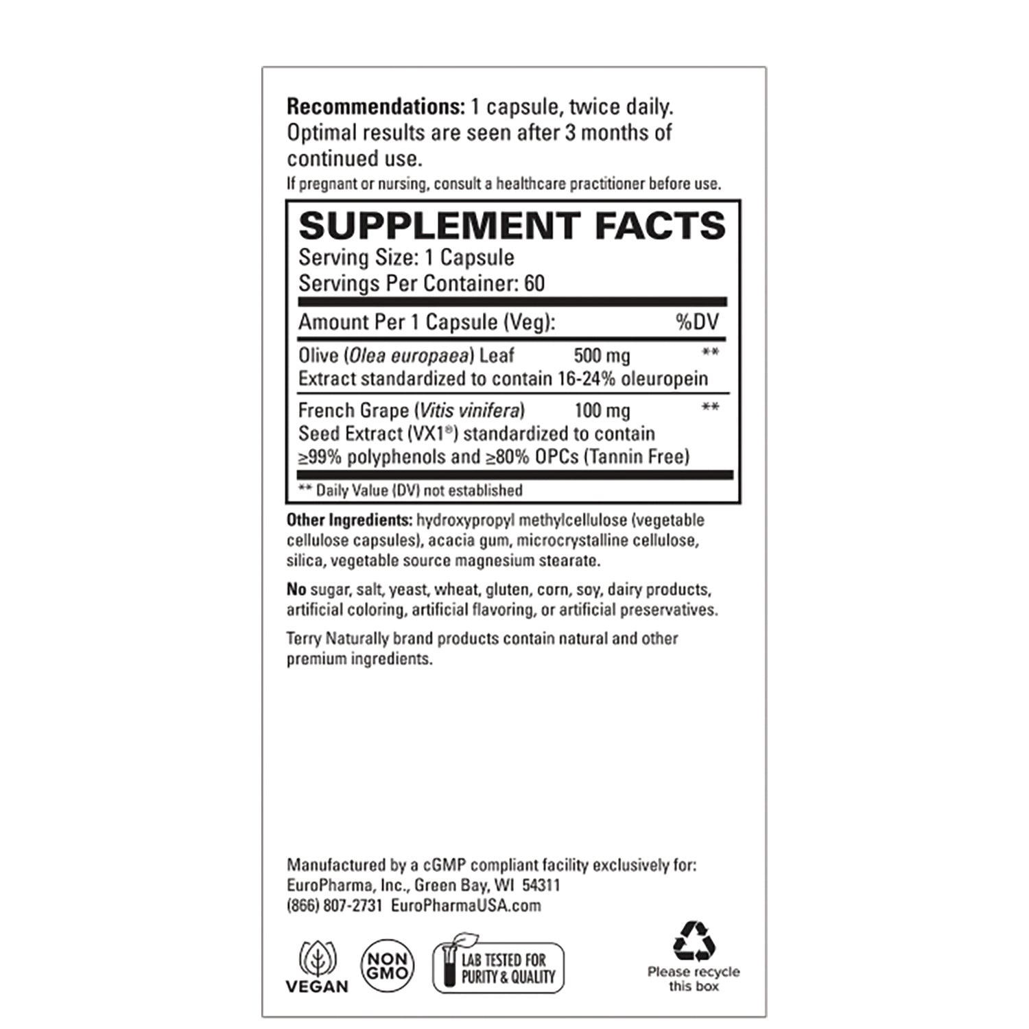 EUR072 | Back label supplement facts showing Serving Size 1 Capsule, Olive (500 mg), French Grape (100 mg), other ingredients and vegan non-GMO icons