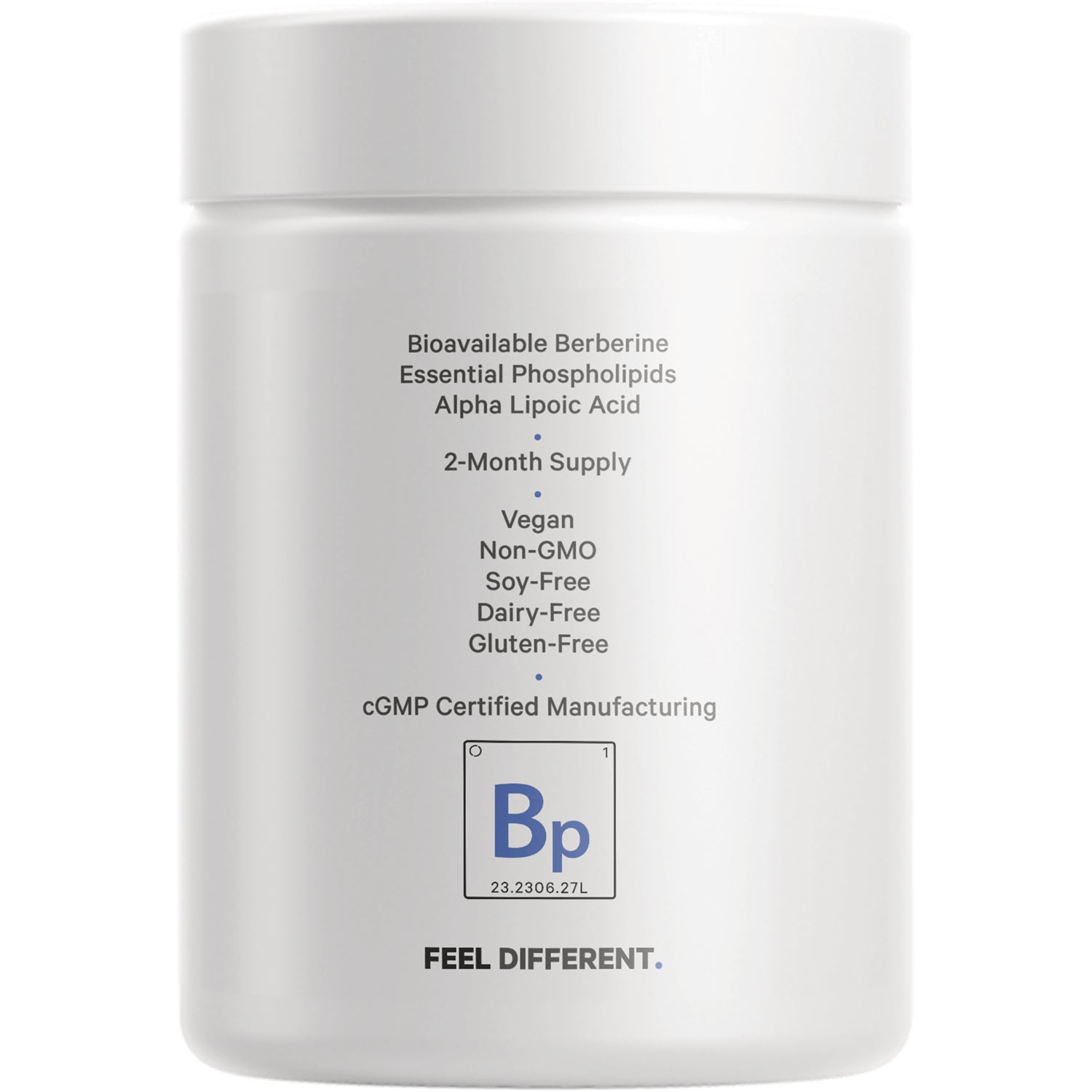 CDG013 | Back of white supplement jar listing Bioavailable Berberine, Essential Phospholipids, Alpha Lipoic Acid, 2-month supply, vegan, non-GMO, soy-free, dairy-free, gluten-free