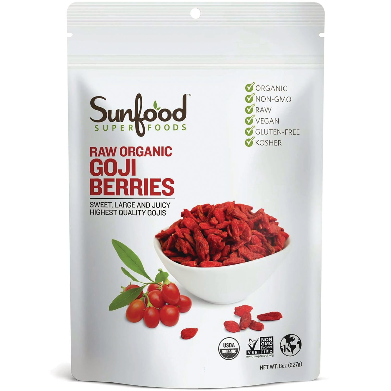SNF011 | Sunfood Raw Organic Goji Berries pouch front with bowl of dried goji, USDA Organic and Non-GMO Project Verified