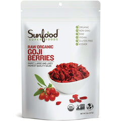 SNF011 | Sunfood Raw Organic Goji Berries pouch front with bowl of dried goji, USDA Organic and Non-GMO Project Verified