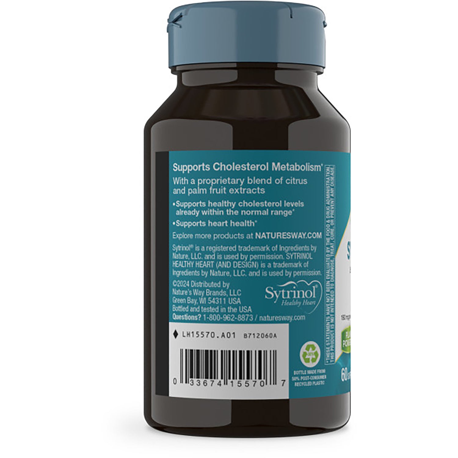 NW619 | Back of brown supplement bottle showing label Supports Cholesterol Metabolism, small ingredient text and barcode