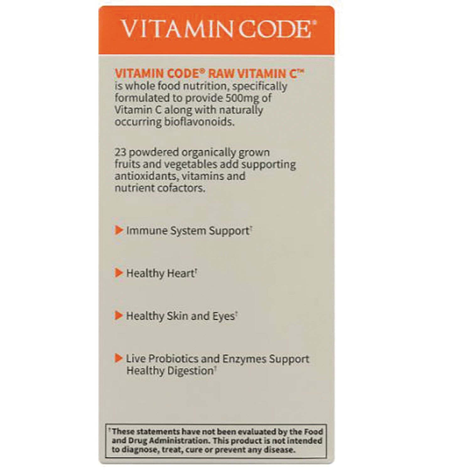 GLF146 | Back of Vitamin Code Raw Vitamin C box listing 500mg, immune system support, healthy heart, healthy skin and eyes, probiotics