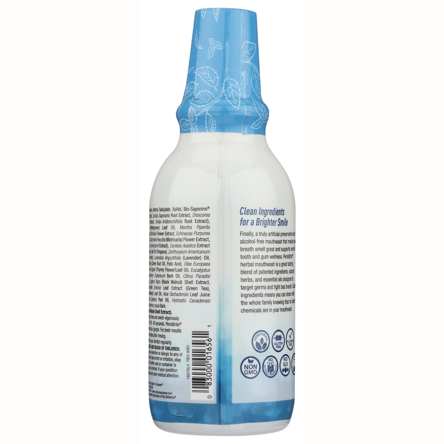 NAT174 | Back of mouthwash bottle with ingredients panel, barcode, Clean Ingredients for a Brighter Smile text and certification icons