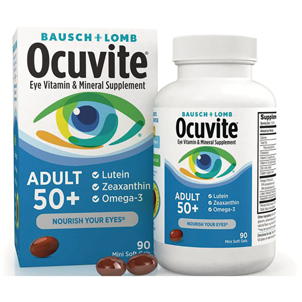 BNL028 | Ocuvite Adult 50+ eye vitamin and mineral supplement box and bottle with three brown softgel pills - Thumbnail