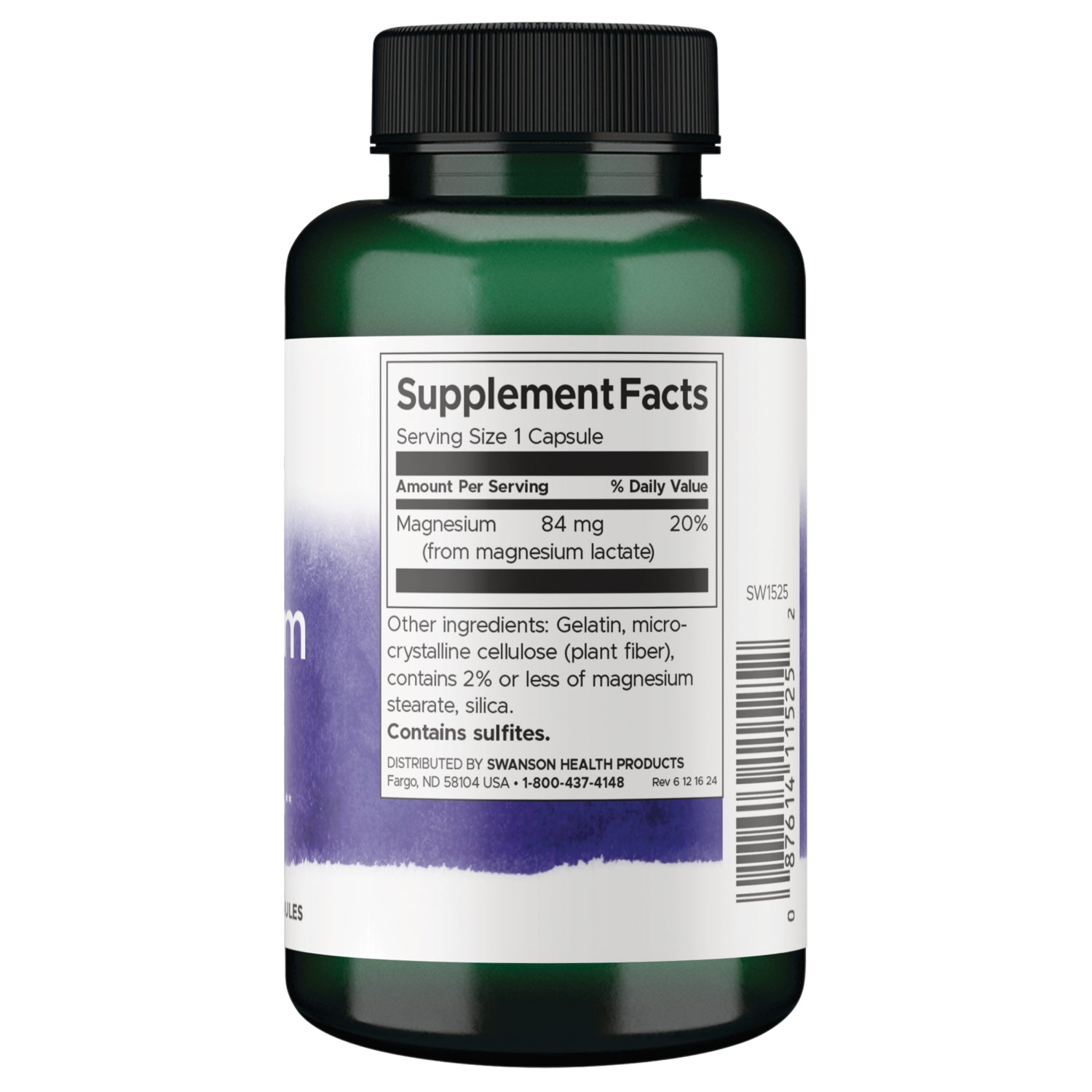 SW1525 | Back label with Supplement Facts for magnesium 84 mg (20%) and ingredients list
