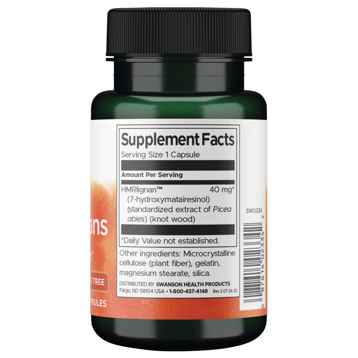 SWU334 | Back label with Supplement Facts, serving size 1 capsule, HMRlignan 40 mg, other ingredients and barcode