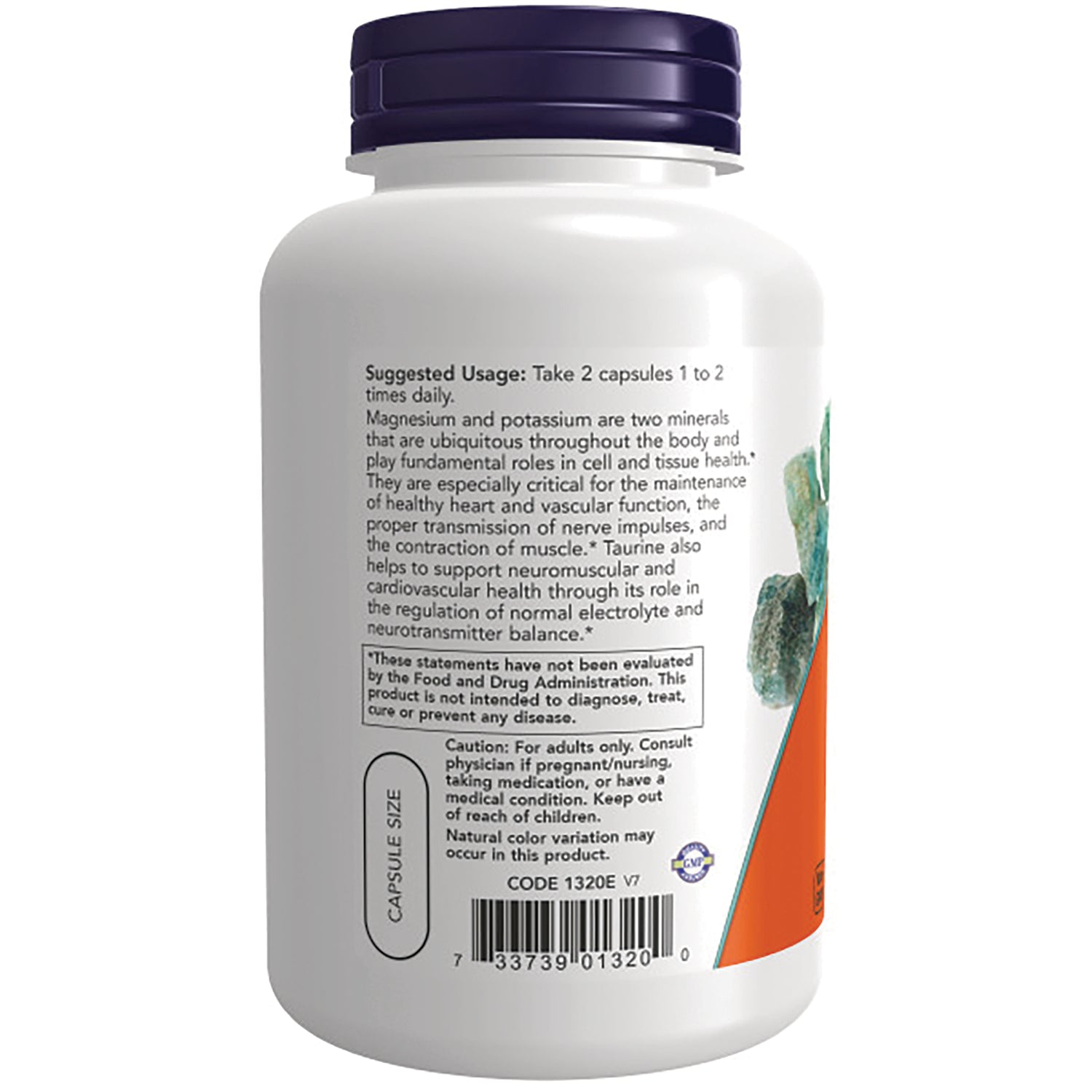 NWF1297 | Back label of white supplement bottle showing suggested usage text, caution box and barcode