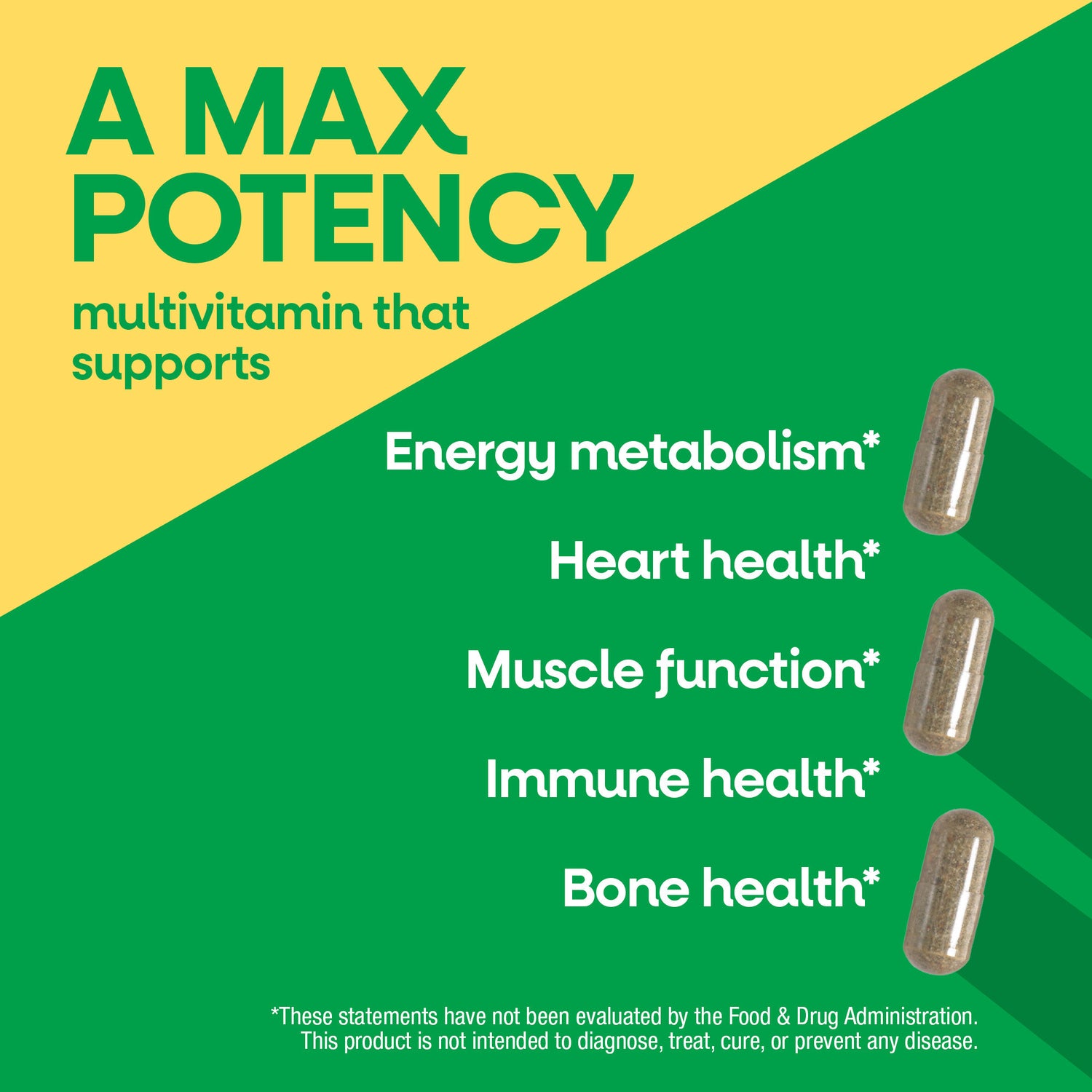 NW655 | A max potency multivitamin infographic supporting energy metabolism, heart, muscle, immune, and bone health