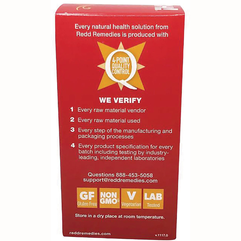 RED003 | Back of red product box showing verification checklist and icons labeled GF, NON GMO, Vegetarian, Lab Tested - Thumbnail