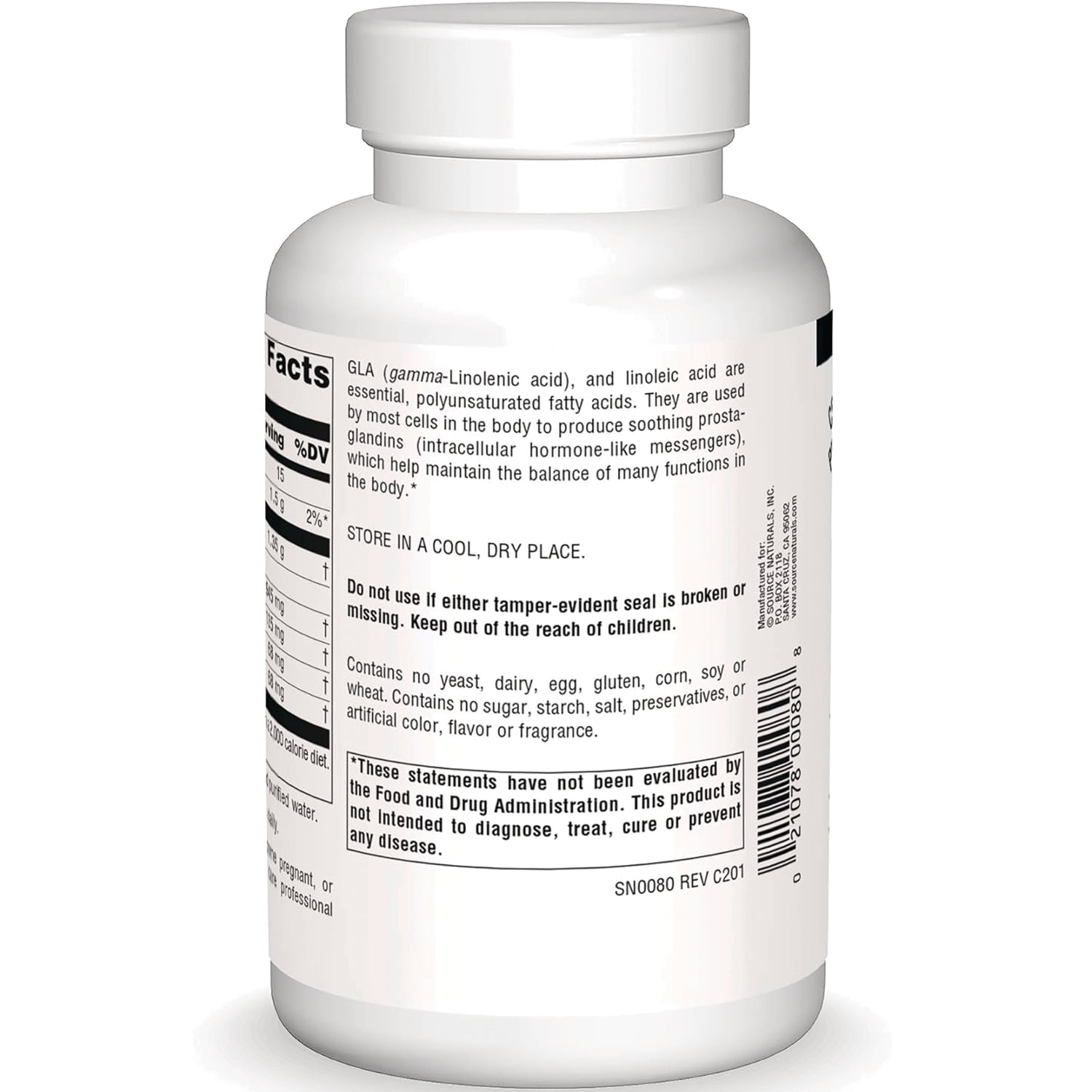 SN560 | Back label with Supplement Facts, storage directions, warnings, and barcode