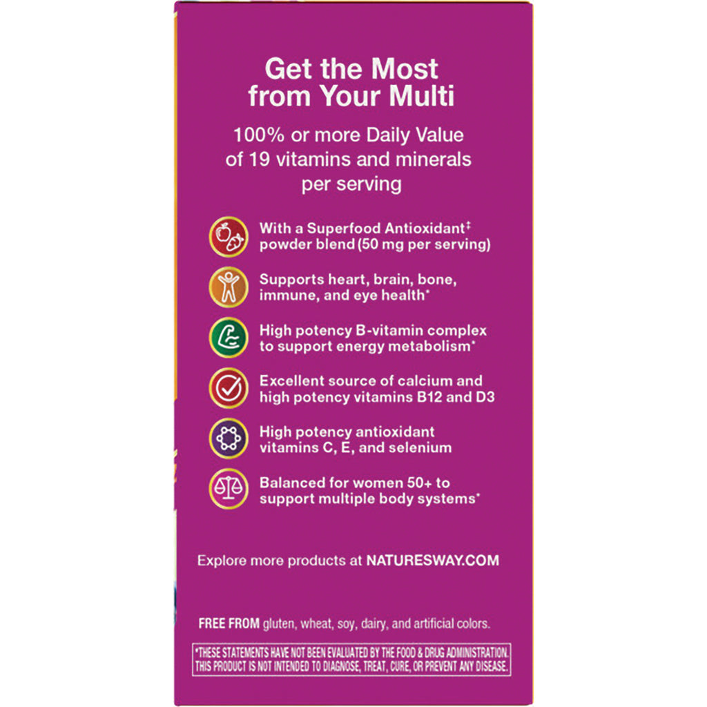 NW1014 | back panel listing benefits and ingredients highlights for a women's 50+ multivitamin on purple packaging - Thumbnail