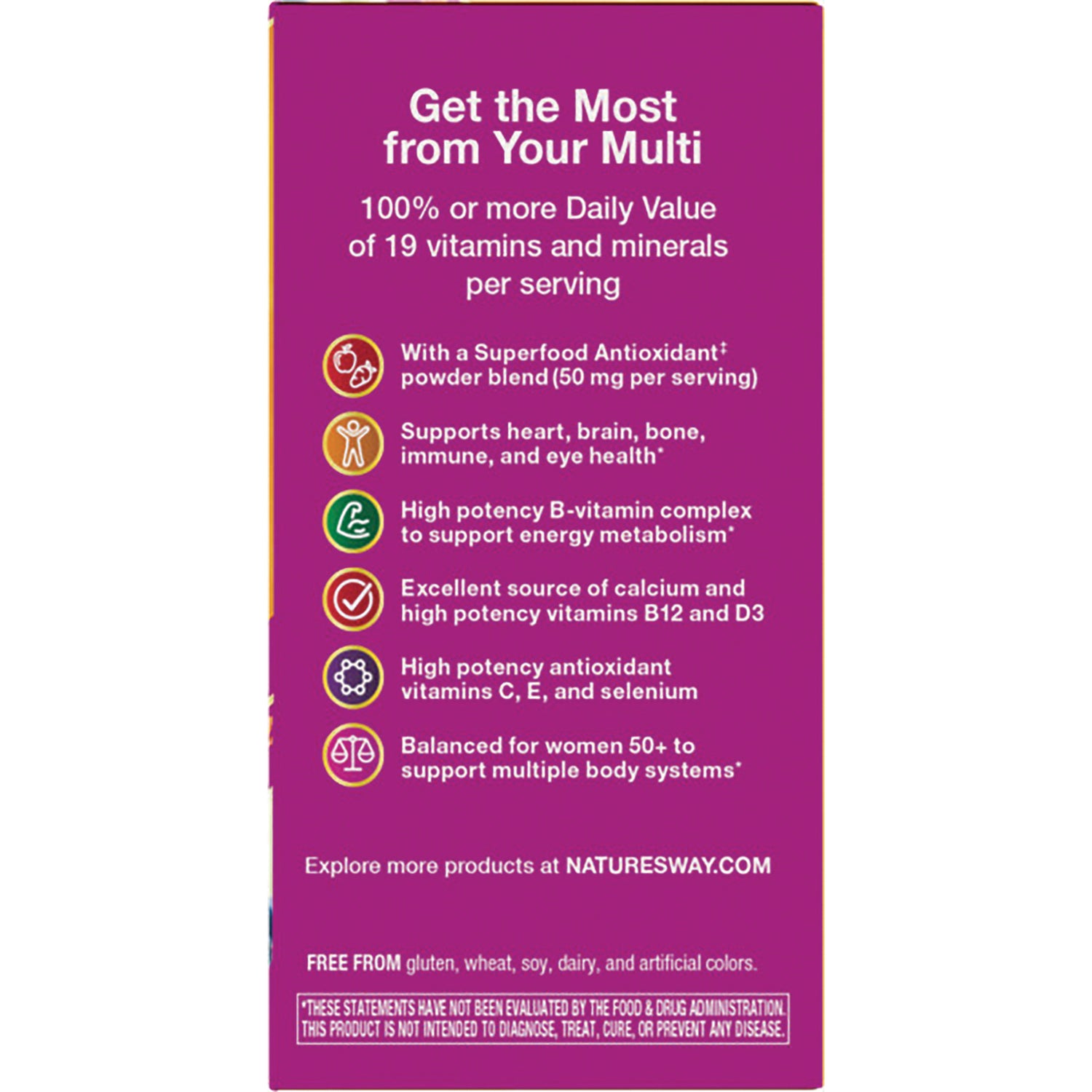 NW1014 | back panel listing benefits and ingredients highlights for a women's 50+ multivitamin on purple packaging