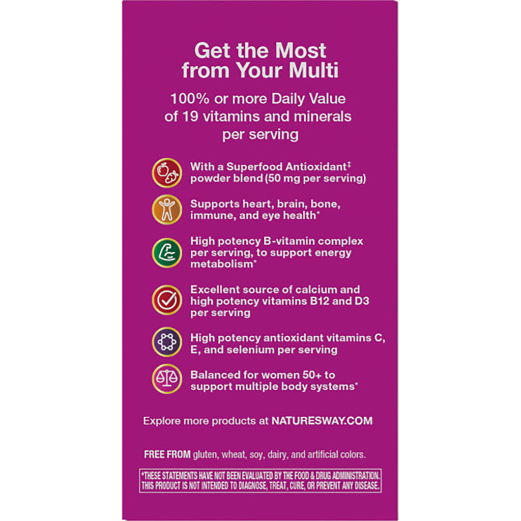 NW1014 | back panel listing benefits and ingredients highlights for a women's 50+ multivitamin on purple packaging - Thumbnail
