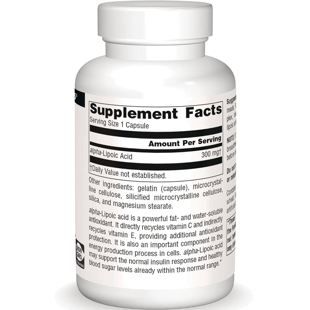 SN758 | Back label showing Supplement Facts for alpha-lipoic acid 300 mg, serving size 1 capsule - Thumbnail