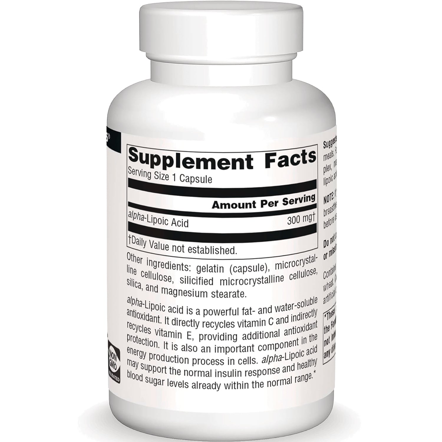SN758 | Back label showing Supplement Facts for alpha-lipoic acid 300 mg, serving size 1 capsule