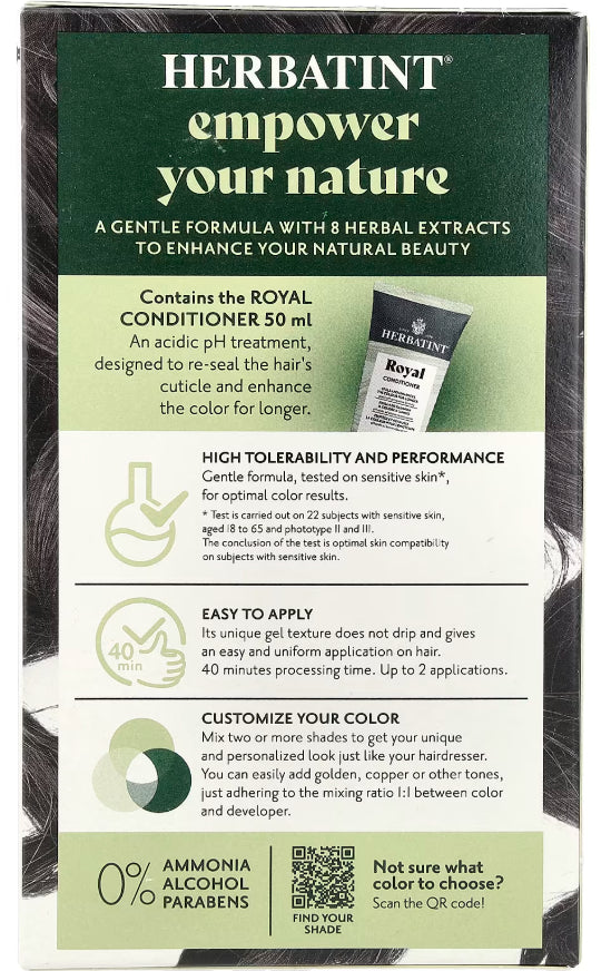 HBT005 | back of Herbatint hair color box showing Royal Conditioner details, application steps, color customization tips and 0% ammonia alcohol parabens