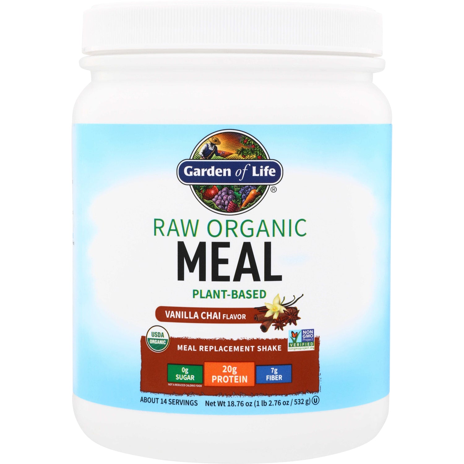 GLF160 | Garden of Life Raw Organic Meal Plant-Based Vanilla Chai meal replacement shake, 20g protein