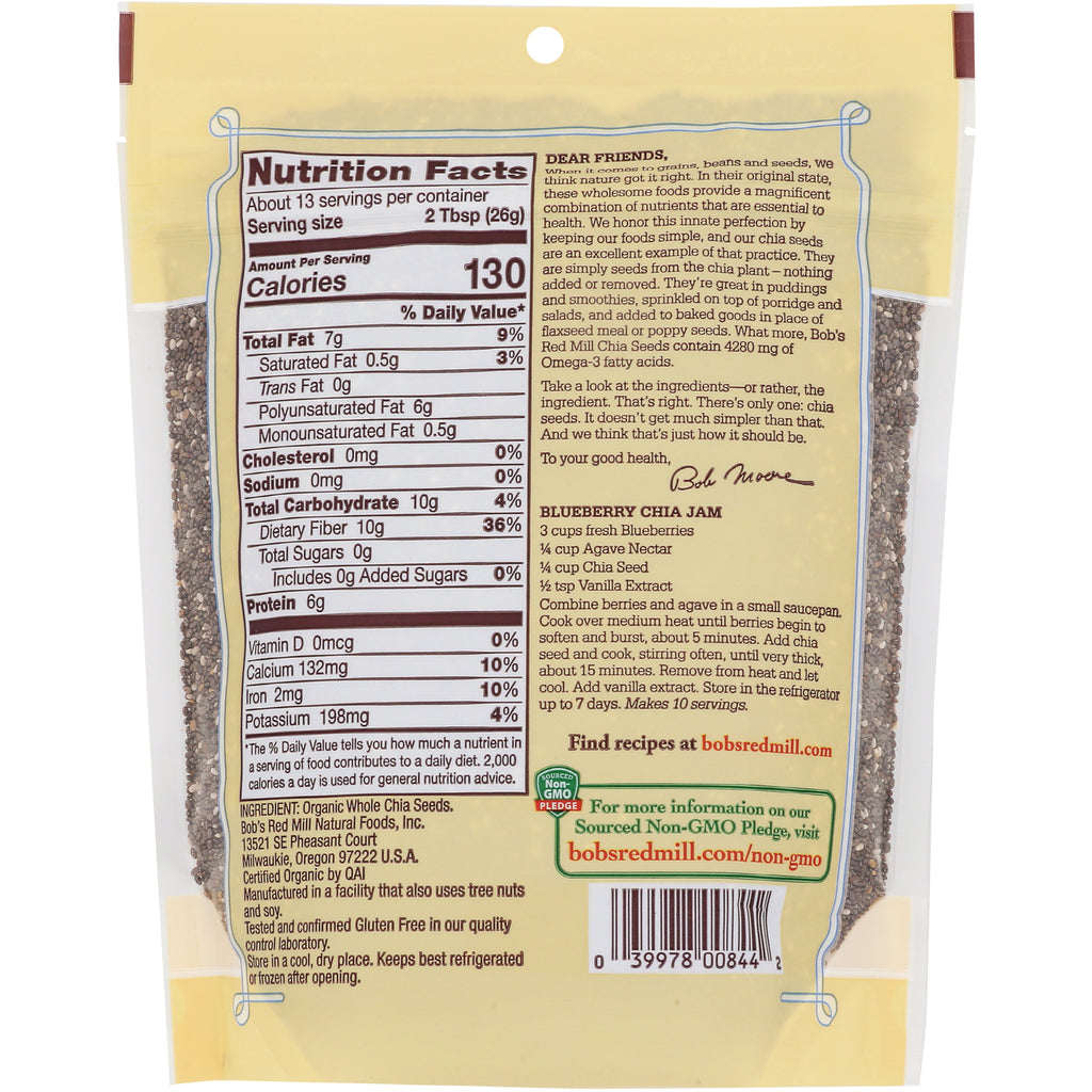 BOB267 | Back label with Nutrition Facts, ingredients, and blueberry chia jam recipe for Bob's Red Mill chia seeds - Thumbnail