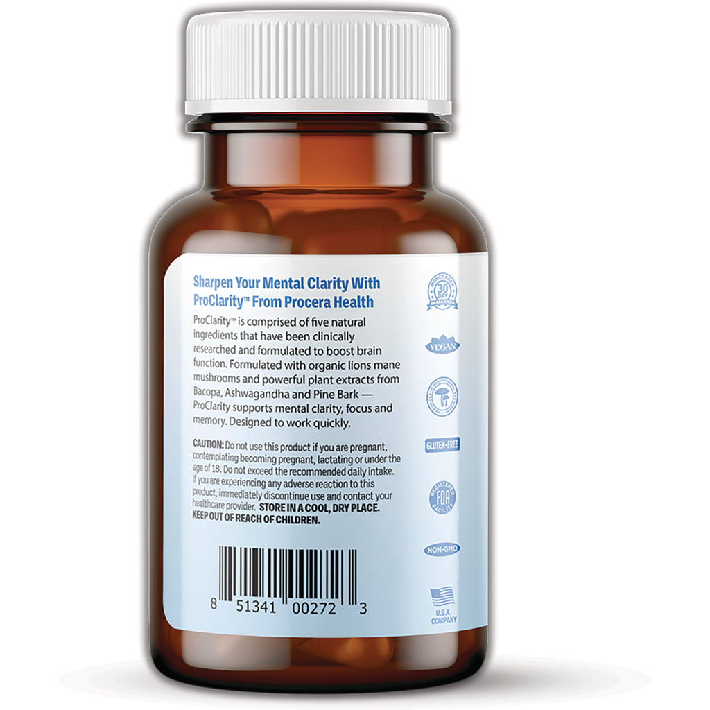 PRC008 | Back of amber supplement bottle showing ProClarity label text, caution paragraph, icons and barcode - Thumbnail