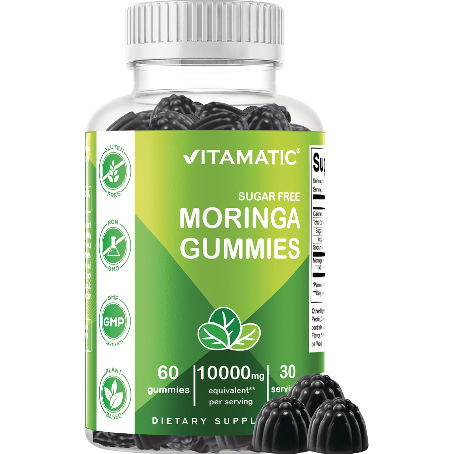 VAM018 | Vitamatic Sugar Free Moringa Gummies bottle, 60 gummies, 10000 mg equivalent per serving, 30 servings