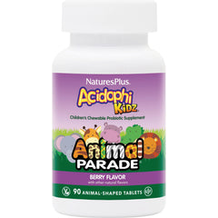 NTP062 | NaturesPlus Acidophi Kidz Animal Parade berry flavor children's chewable probiotic bottle, 90 animal-shaped tablets