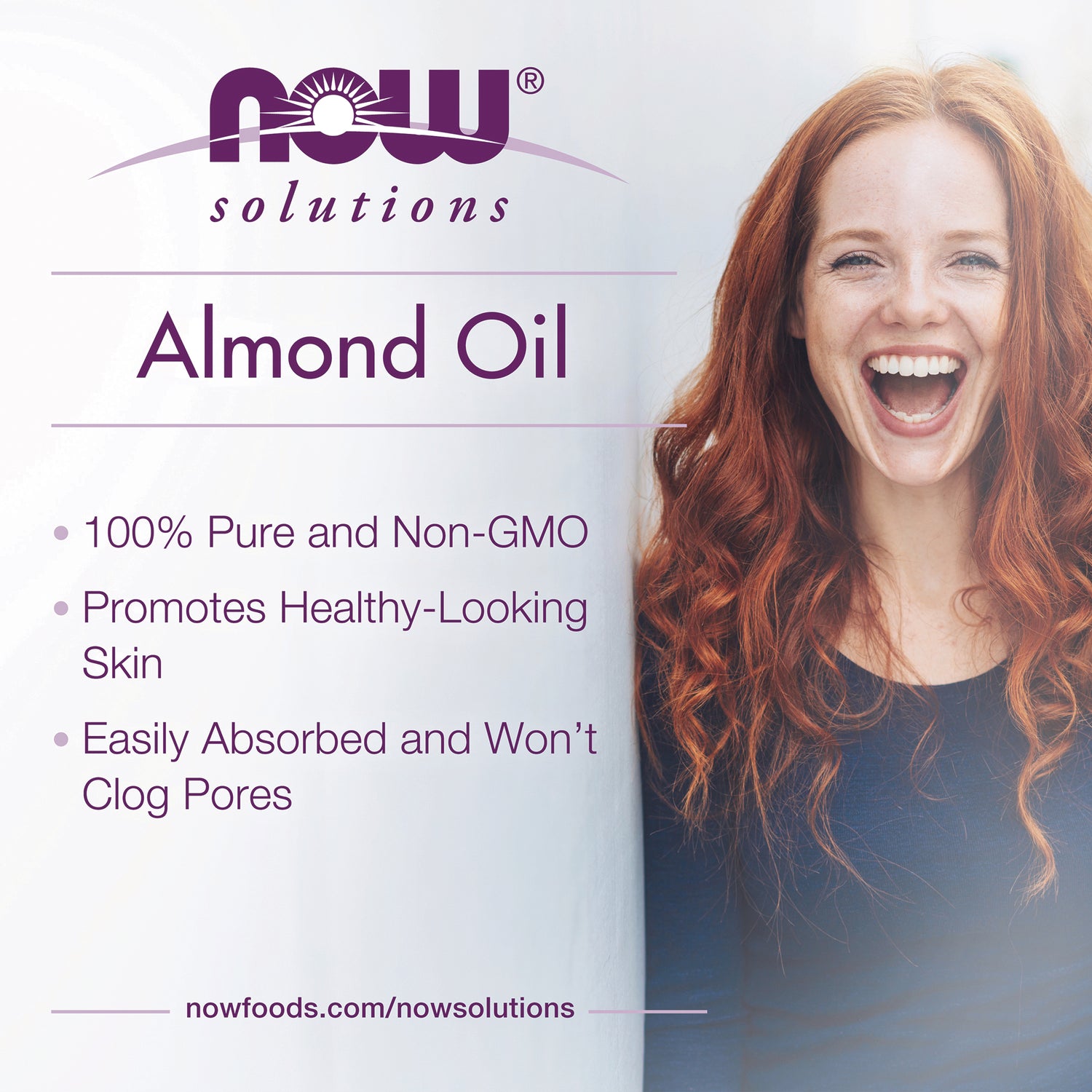 NWF018 | Almond Oil infographic listing 100% Pure and Non-GMO, promotes healthy-looking skin, easily absorbed and won't clog pores