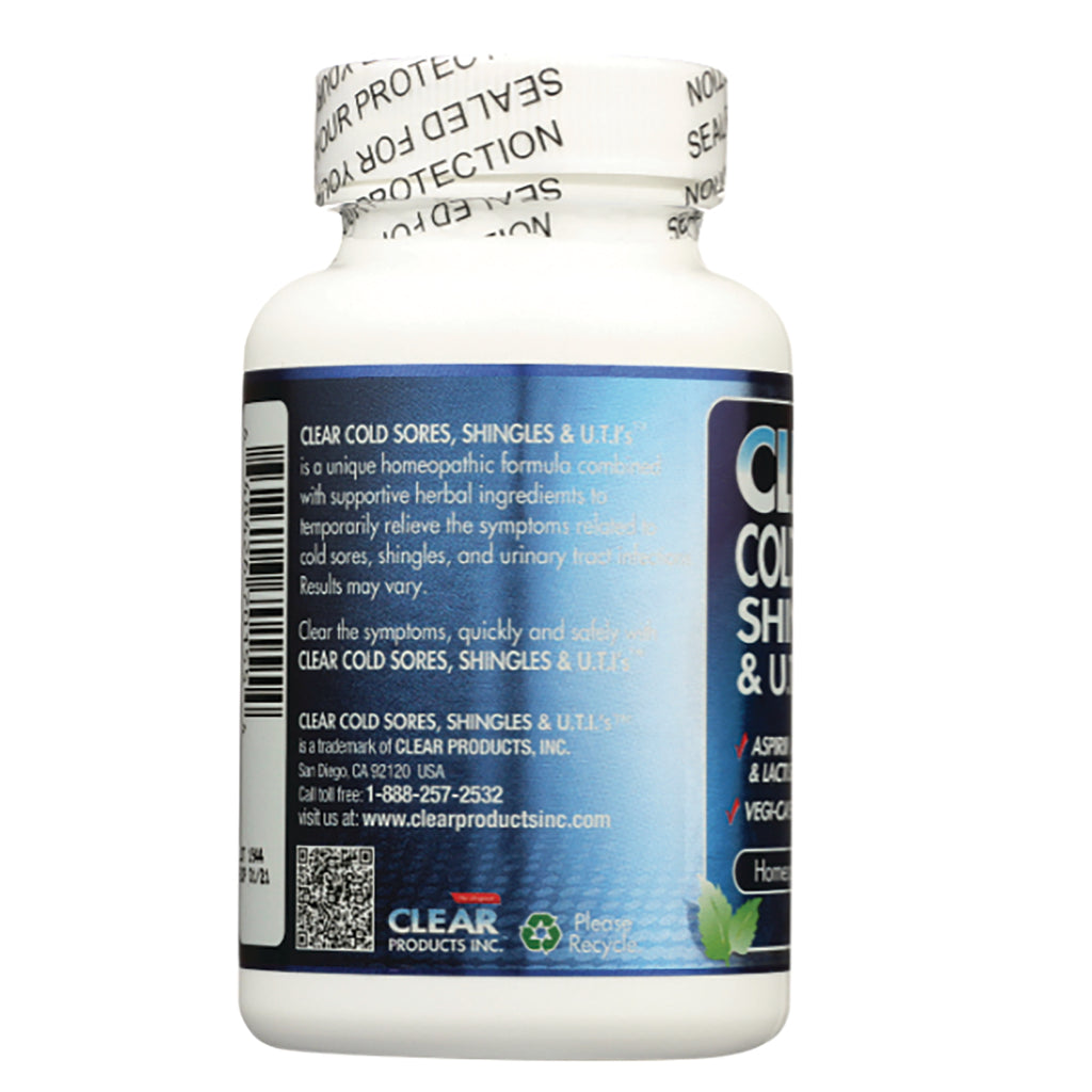 CLP007 | back label of white supplement bottle showing CLEAR COLD SORES, SHINGLES & U.T.I.s text, barcode and company contact info - Thumbnail