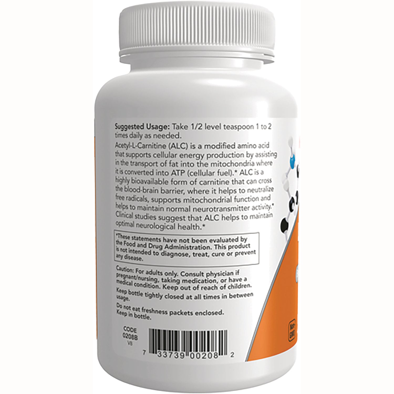 NWF1035 | Back label of white supplement bottle showing suggested usage, caution text, and barcode
