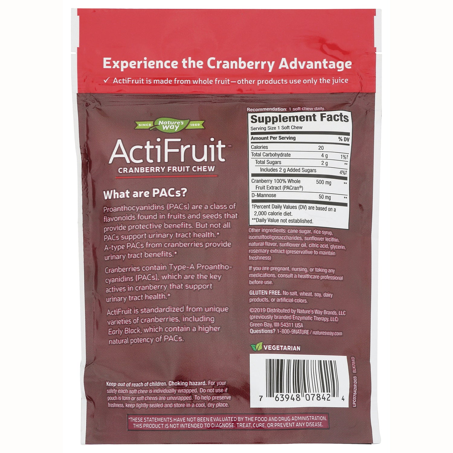 Back of ActiFruit cranberry fruit chew pouch showing Supplement Facts panel, ingredient text, and barcode