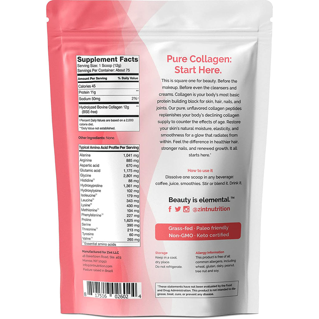 ZIN001 | Back of Zint Pure Collagen peptides pouch with Supplement Facts panel, usage directions, and certifications - Thumbnail