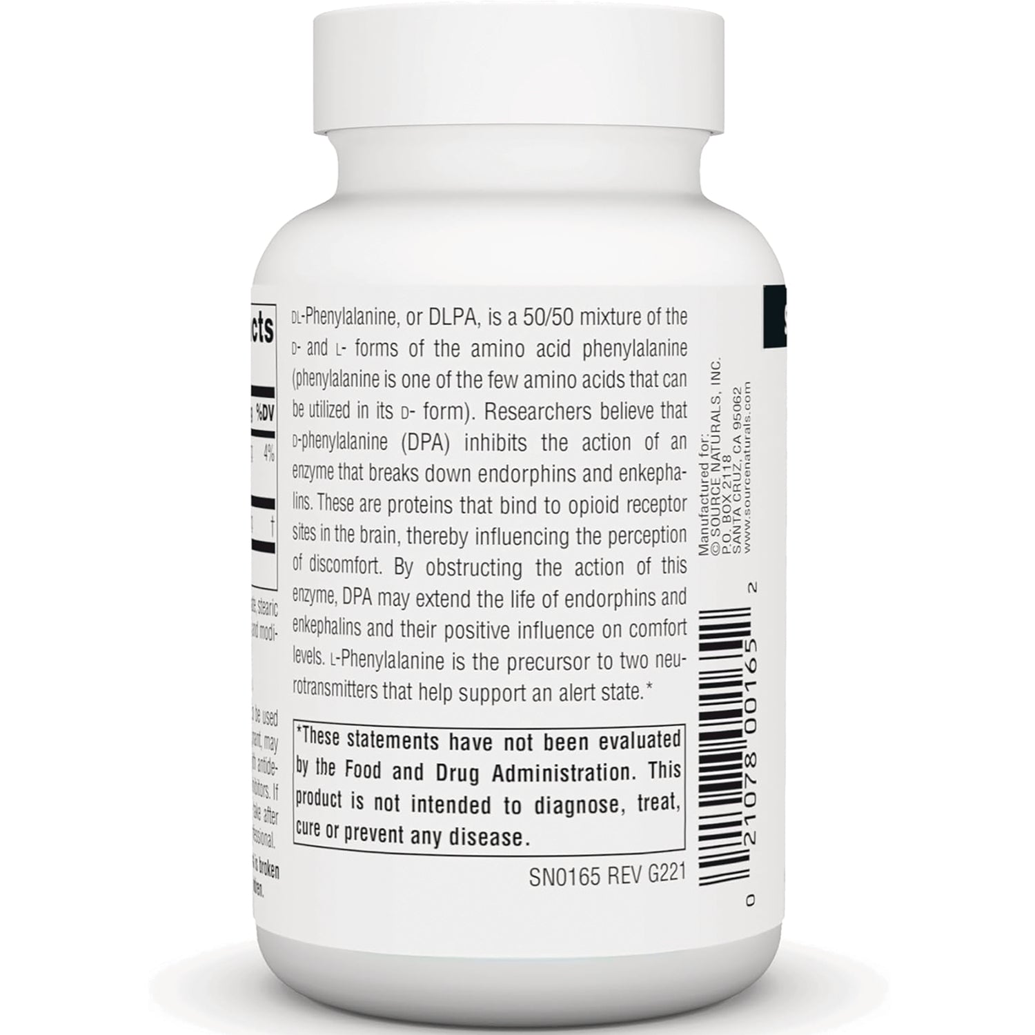 SN338 | Back label with ingredients details, FDA disclaimer, and barcode