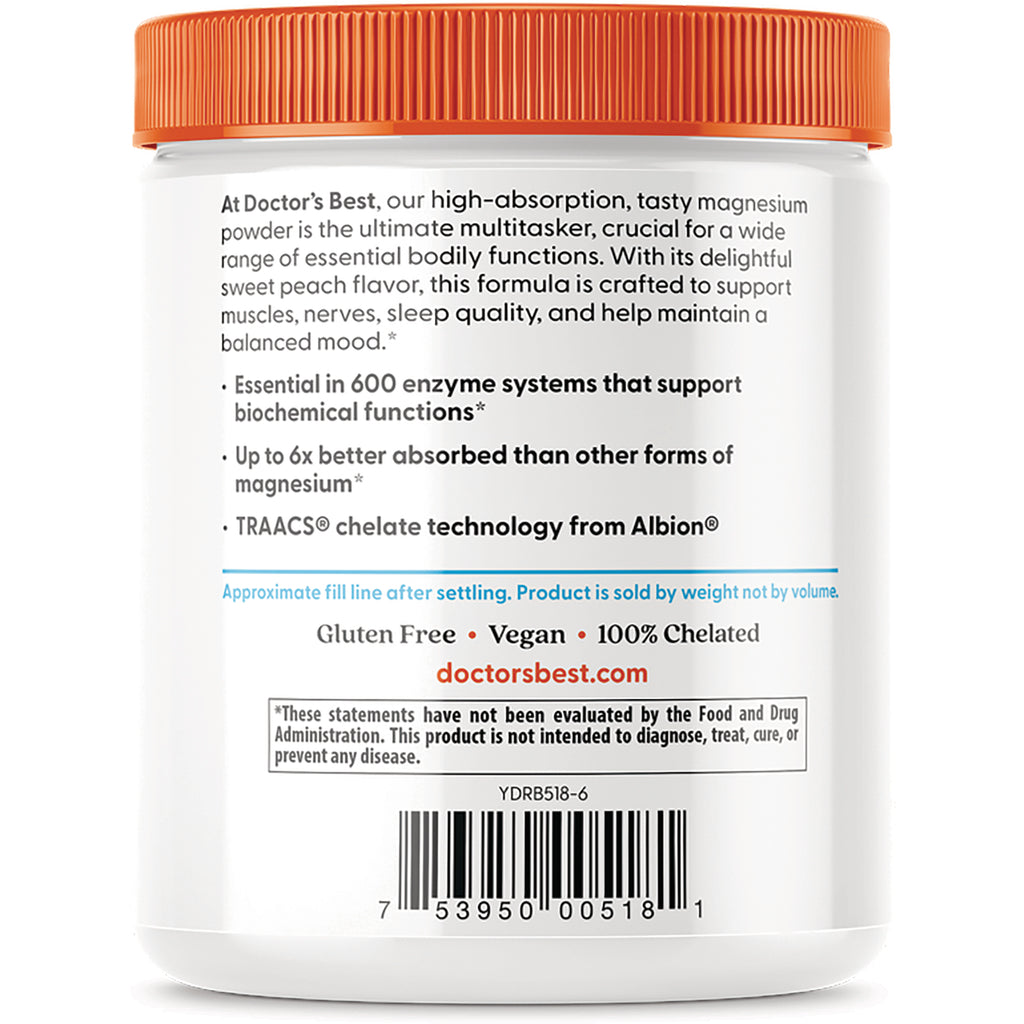 DB270 | back label of white supplement jar showing product claims, Gluten Free Vegan 100% Chelated, barcode, and doctorsbest.com - Thumbnail