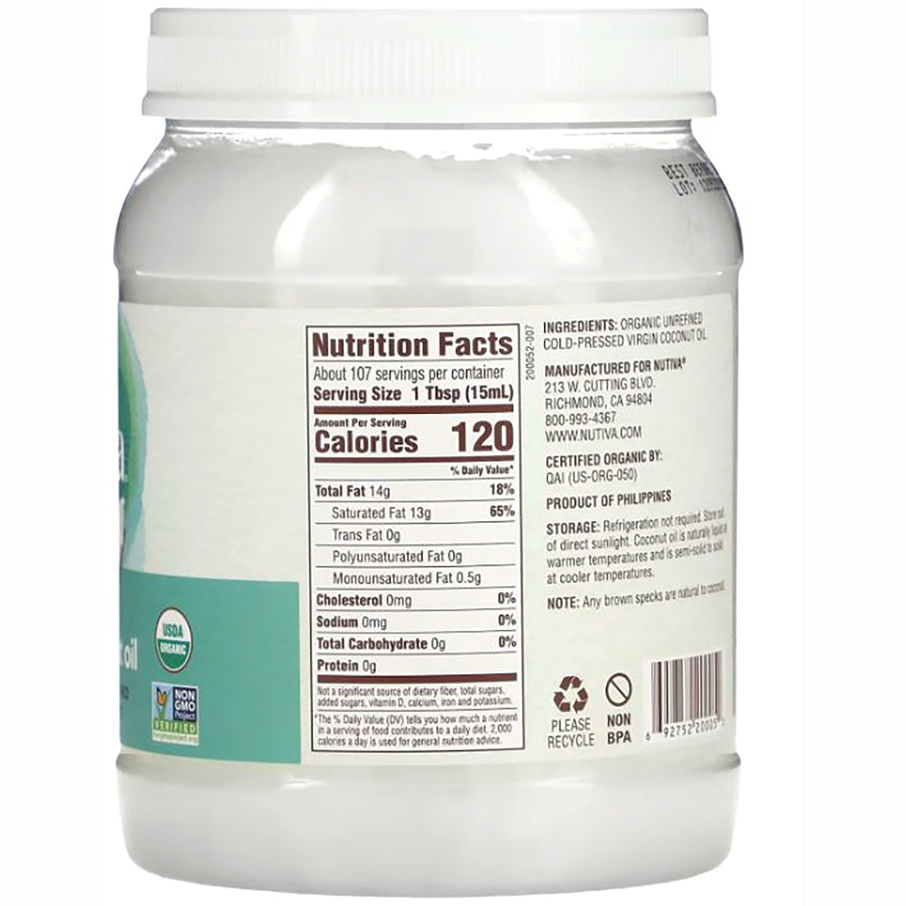 NTV001 | Back of jar showing Nutrition Facts panel, ingredients and barcode on coconut oil container - Thumbnail