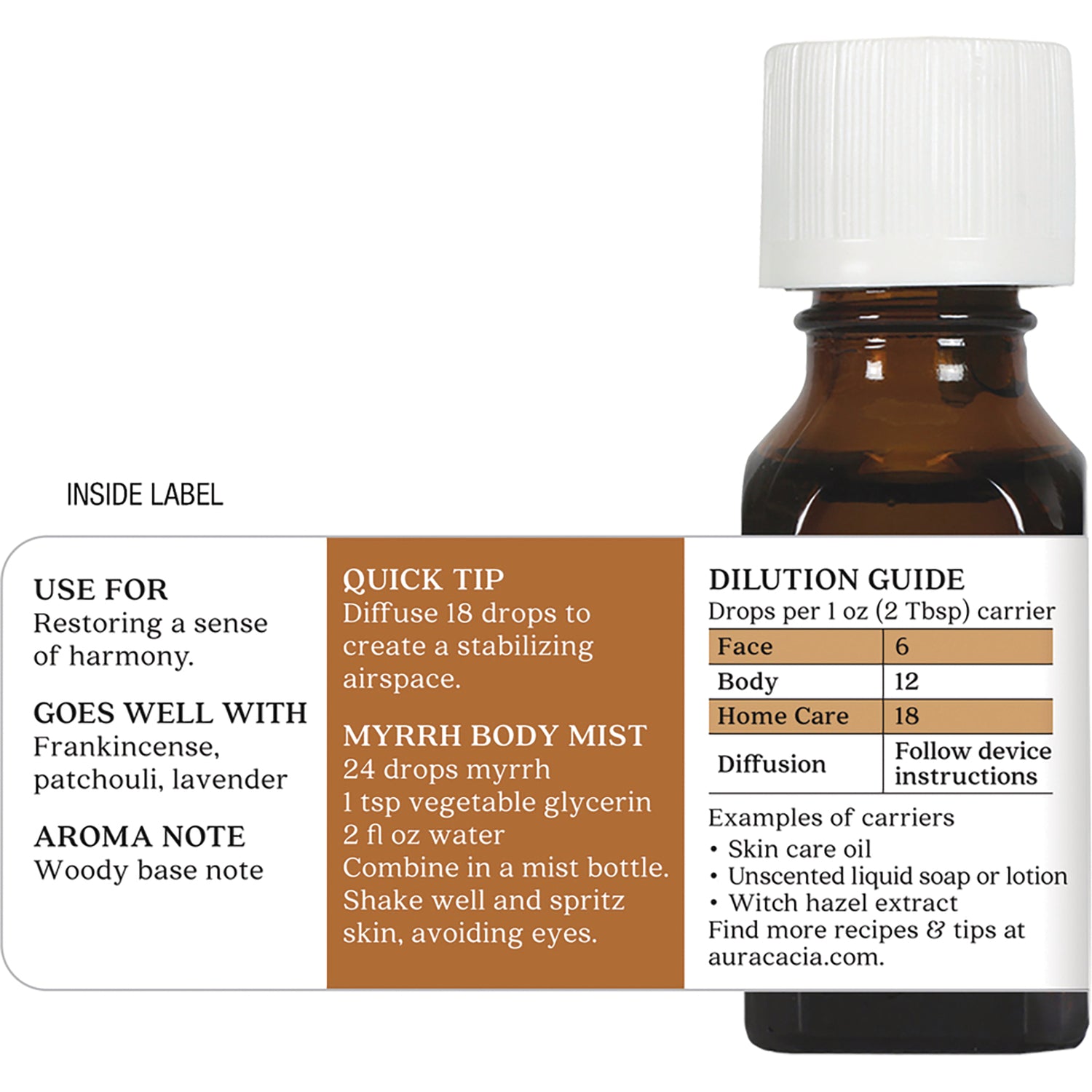 ARC212 | Back label on amber bottle showing dilution guide, quick tip, and Myrrh Body Mist recipe
