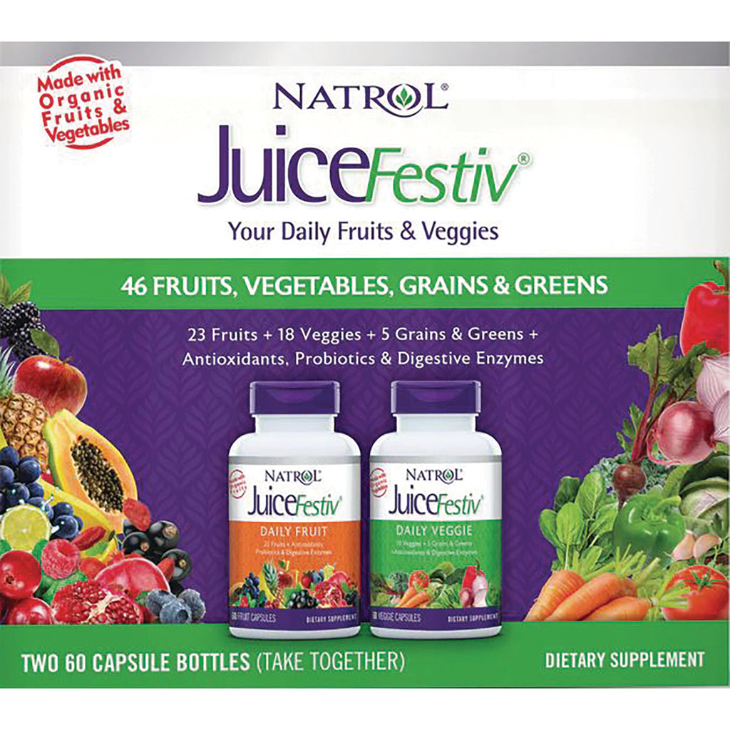 NA395 | Natrol JuiceFestiv front packaging showing two 60-capsule Daily Fruit and Daily Veggie supplement bottles with fruits and vegetables - Thumbnail