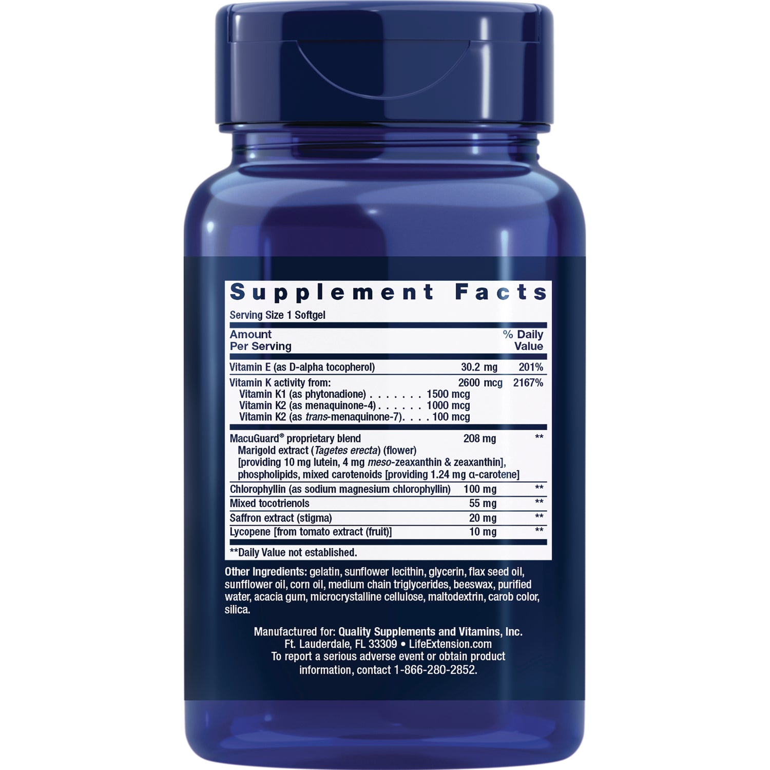 LE482 | Back of blue supplement bottle showing Supplement Facts panel and ingredient list