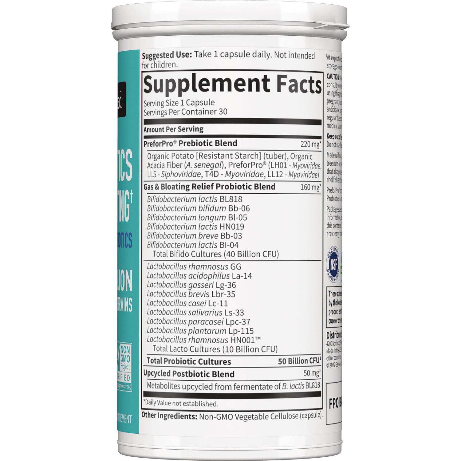 GLF371 | Back label showing Supplement Facts panel with probiotic ingredient list and serving size