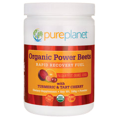 PRP007 | Pure Planet Organic Power Beets powder jar front label showing turmeric & tart cherry rapid recovery fuel