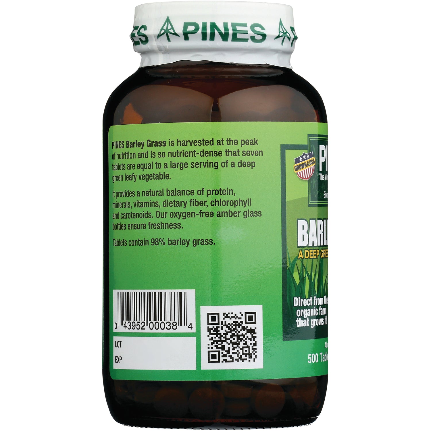 PNN002 | Amber glass bottle back label for barley grass tablets showing product details, barcode and QR code