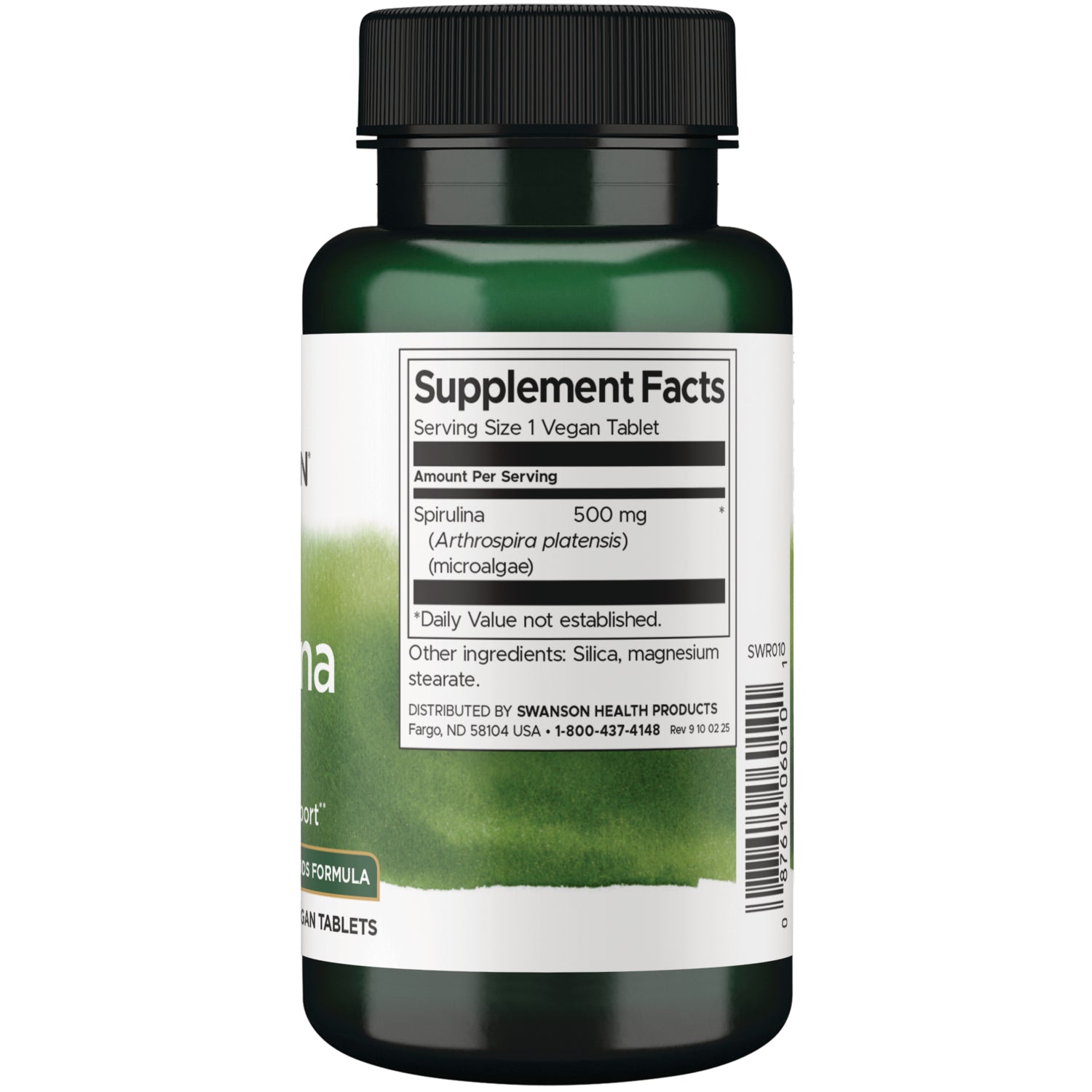 SWR010 | Back label with Supplement Facts: serving size 1 vegan tablet; Spirulina 500 mg; other ingredients listed