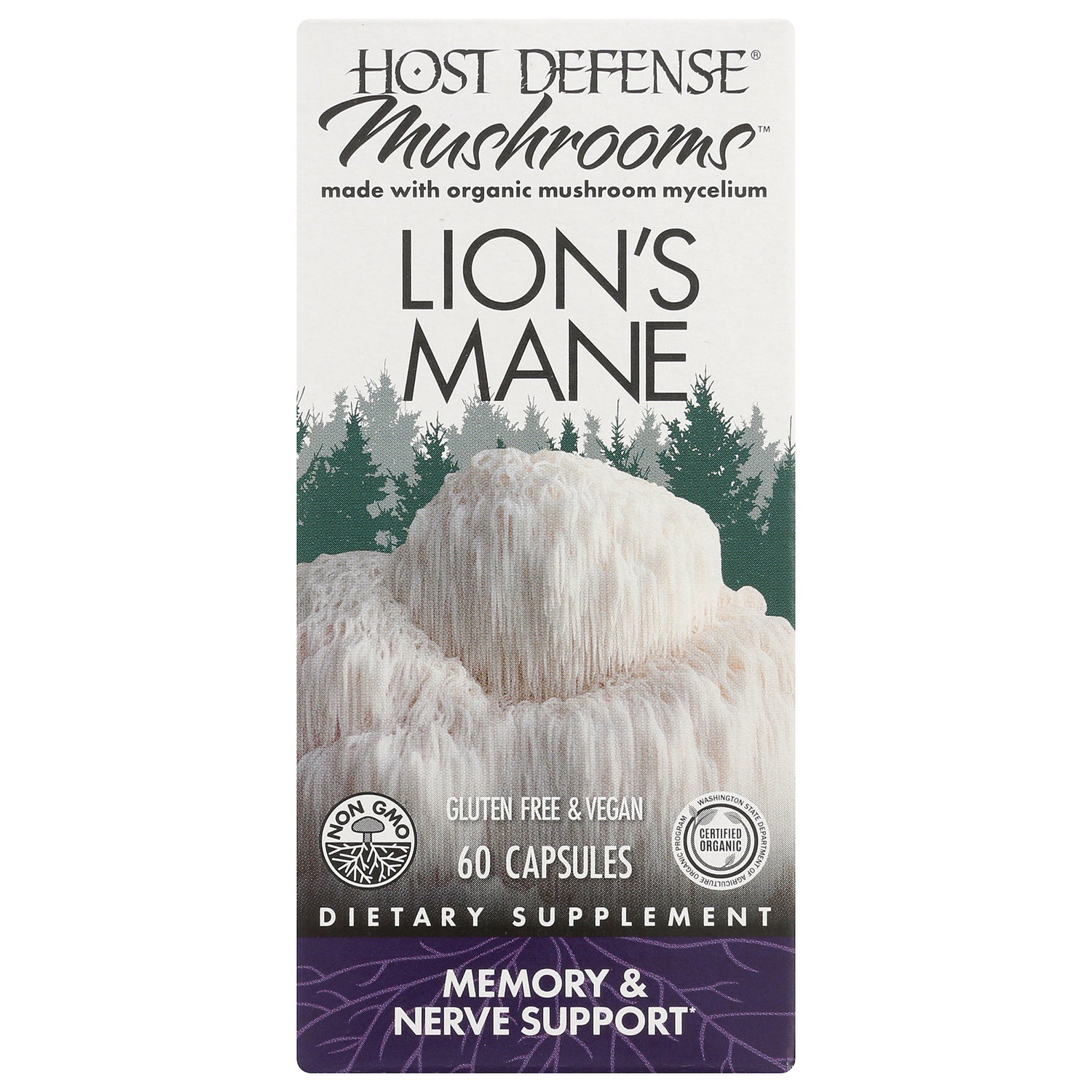 FUN010 | Host Defense Mushrooms Lion's Mane front packaging, 60 capsules, memory & nerve support