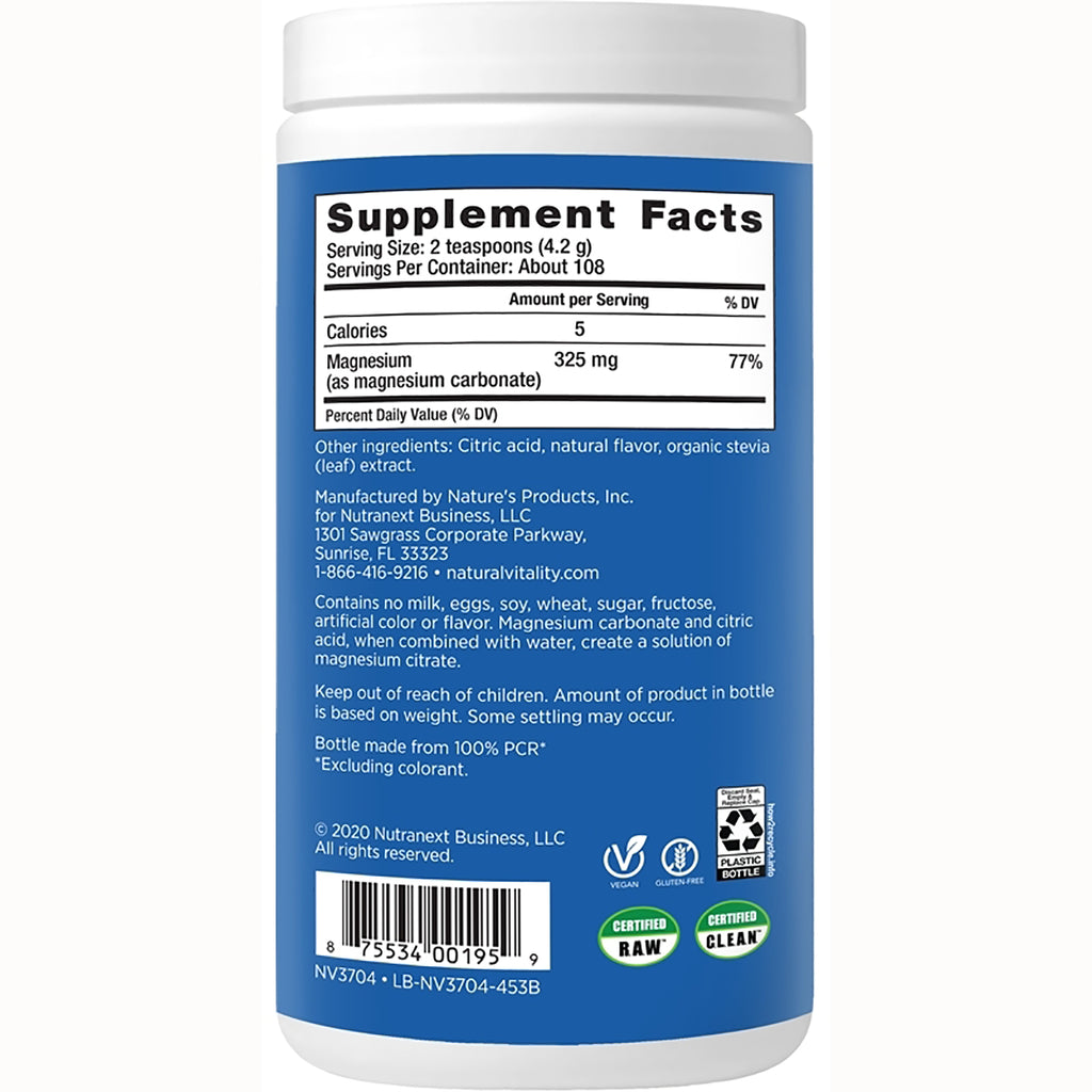NVT040 | back of blue supplement bottle showing Supplement Facts (magnesium 325 mg), ingredients and barcode - Thumbnail